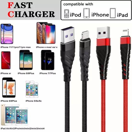 Braided Fast Charger Cable Heavy Duty USB lot Cord For iPhone 14 13 12 11 X XR 8