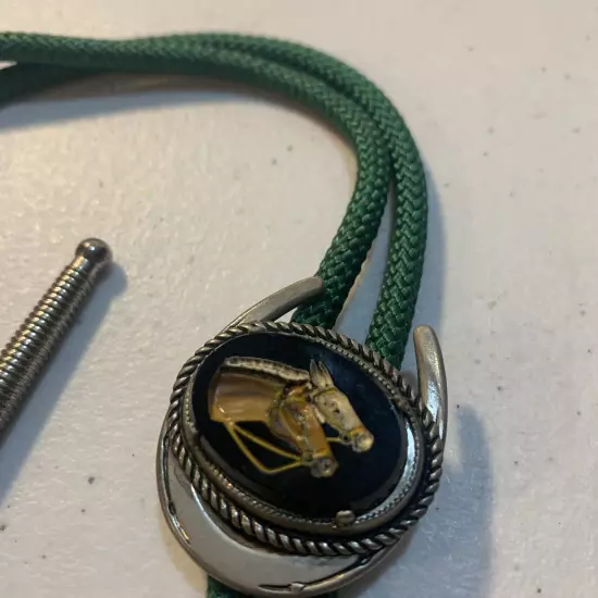 Vintage Men’s Bolo Tie Horse Design On Green Cord With Silver Tone Tips 