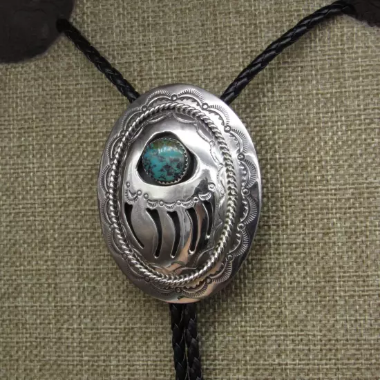 Navajo Shadow Box Bear Claw Sterling Silver Turquoise Bolo Tie By Wilbur Musket