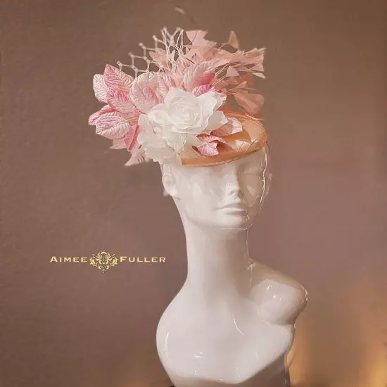 Kentucky Derby Fascinator Pink Satin Ivory White Rose Hat Royal Ascot Bridal Hat