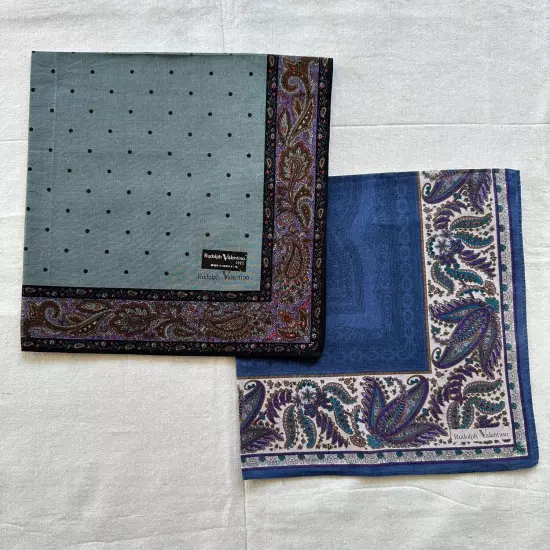 Set of 2 Handkerchief Vintage Green Blue Cotton Floral Paisley Pocket Square 18"