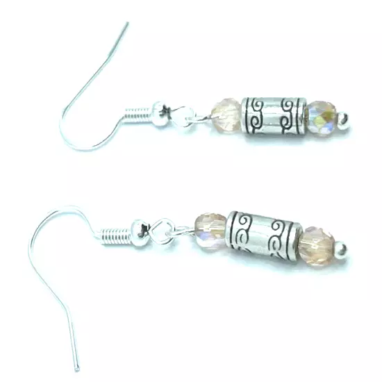 Brighton Gleam Etched Silver Cylinders & Peach Beads Dangle Custom Earrings