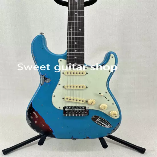 Custom Relic Blue ST Electric Guitar 3S Pickups Cream Pickguard Chrome Hardware