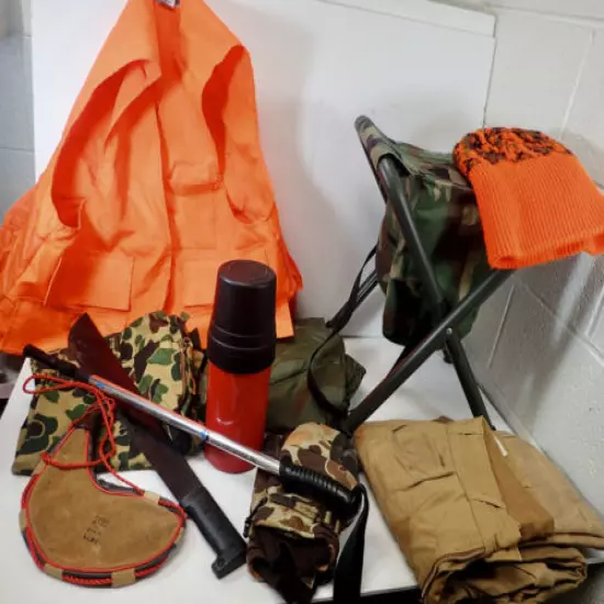 Vintage Hunting Lot Camo Chair w/ Storage Thermos Machete Clothing Hiking Stick