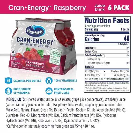 (6 Pack) Ocean Spray Cranberry Raspberry Energy Juice Drink with Vitamins, 10 Oz