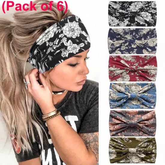 6× BOHO Floral Wide Women Stretch Headbands Turban Yoga Knotted Hair Bands Wraps