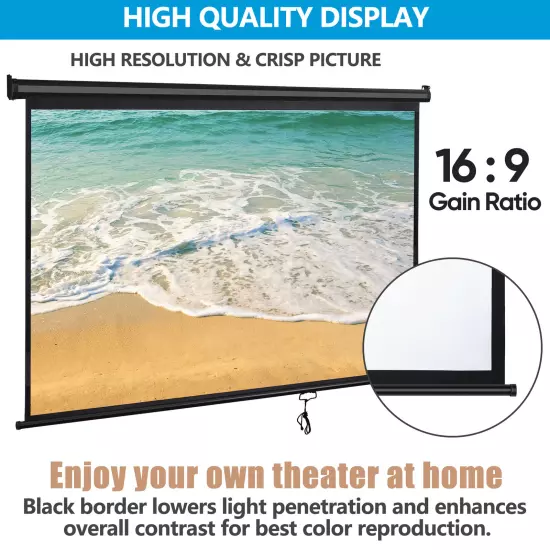 80" 16:9 Manual Pull Down Projector Screen HD Black Movie Theater Vivid Screens