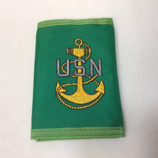 VTG Wallet Hook Loop Trifold Wallet 1970's - 80's Green with US Navy Logo USN