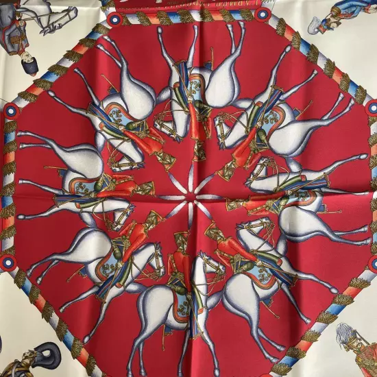 HERMÈS Scarf Carres 90 Red White Silk Horse Knight Pattern Women France