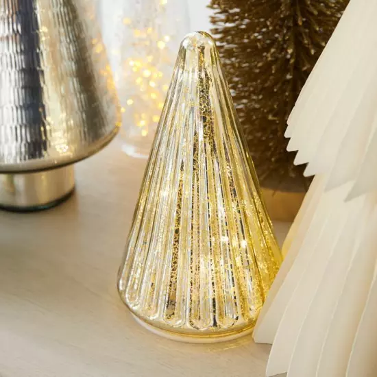 7.8" Ganz Lit Glam Mercury Glass Light Up Christmas Cone Tree Table Lamp Decor