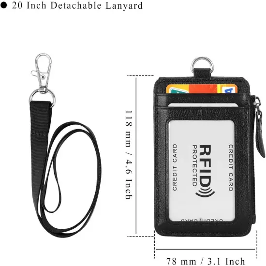 HAWEE Badge Holder with Zipper Genuine Leather RFID Keychain Wallet Neck Lanyard