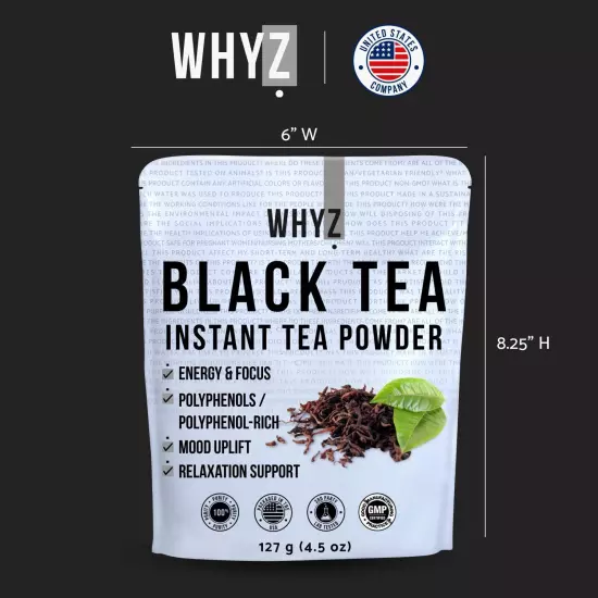 WHYZ Strong Black Tea Powder 4.5 oz, Zero Sugar Black Tea, Boost Energy & Health