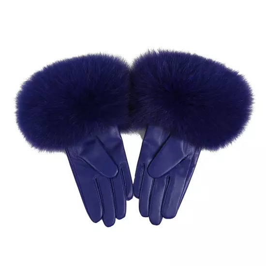 Women Genuine Lambskin Leather Gloves With Real Fox Fur Trim Cuff Winter Warm