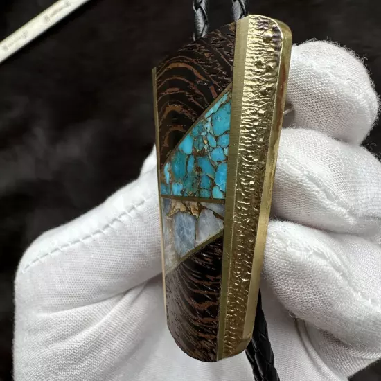 Incredible Vintage Sky West SST Brass Turquoise Gold Wood Inlay Bolo Tie ￼