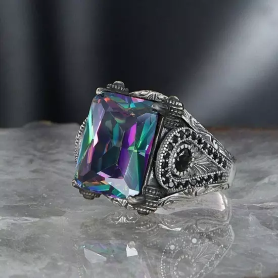 Mystic Topaz Stone 925 Sterling Silver Men's Ring Silver Men's Ring Turkish