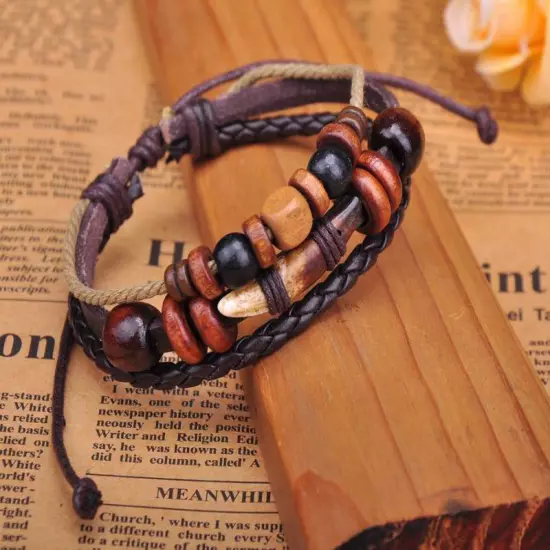 G276 Brown Cool Beach Leather Hemp Wood Beads Tooth Bangle Bracelet Cuff Men's