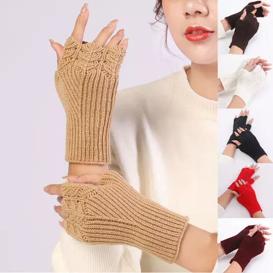 Womens Fingerless Gloves Wool Knitted Mittens Wrist Half Finger Short Gloves