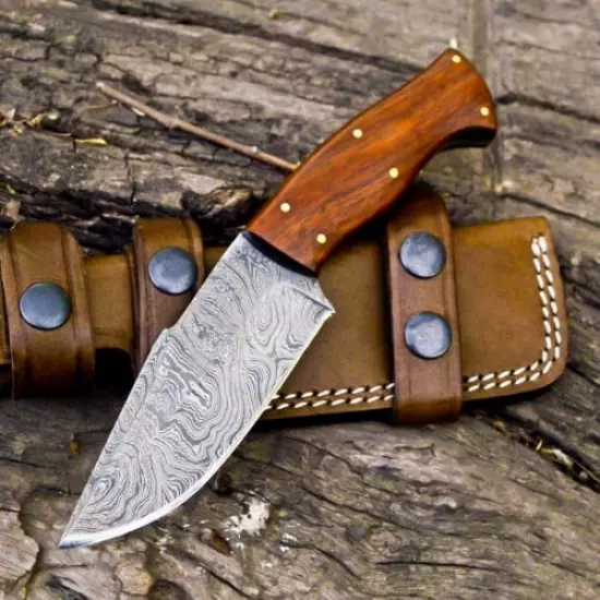 Handmade Damascus Steel Everyday Carry Knife - Full Tang With Handmade Sheath 8"