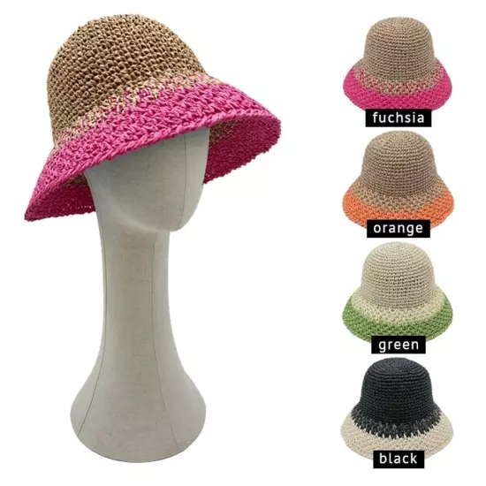 DIONA J TWO TONE STRAW BUCKET HAT ONE SIZE COLOR FUCHSIA