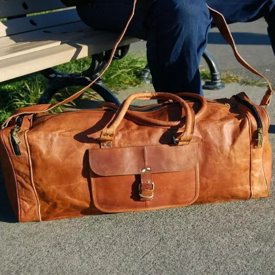 New Men 24" Brown Genuine Goat Leather Travel Luggage Duffel Gym Overnight Bag