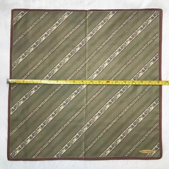 Vintage Handkerchief Green Cotton Diagonal Striped Paisley Pattern Pocket Square