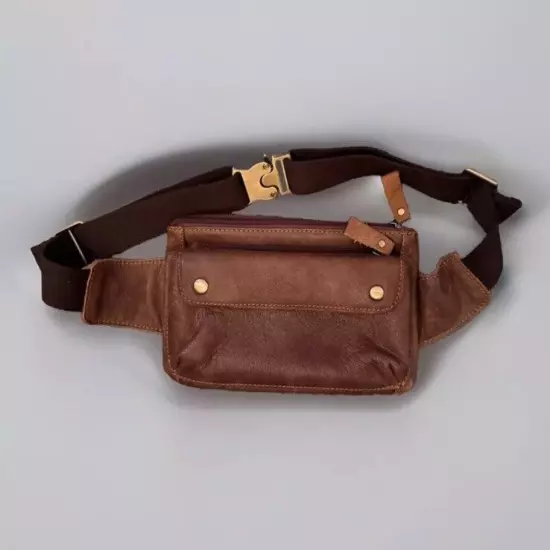 Brown 8.5" x 5.5" Belly Bag Hiking Faux Leather 4 Pockets Zip Clip Long Belt