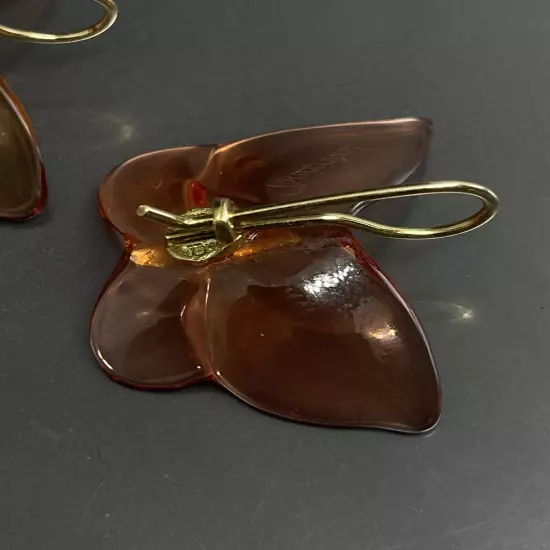 Baccarat Signed Amber Tone Crystal 750 18K Butterfly Pierced Hook Drop Earrings