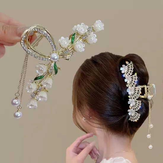 Large Rhinestone Hair Claw Pearl Flower Tassels Fan-shaped Metal Ponytail Clip