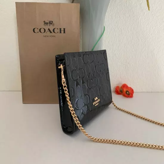 NWT COACH CV407 Slim Crossbody Bag in Signature Patent Leather Black