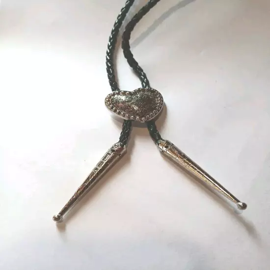 Silver Heart Shape Bolo Tie W/ 36" 4mm Black Braided Cord W/2.05 " Silver Tips