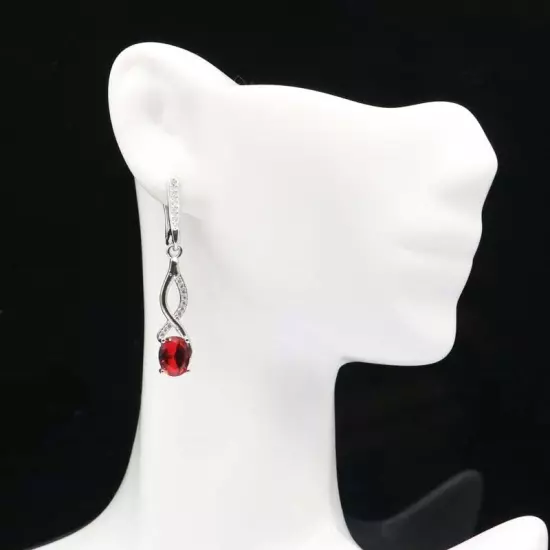 Bohemia Design Red Blood Rubies White CZ Woman's Engagement Silver Earrings 