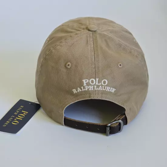 Polo Ralph Lauren Mens Polo Bear Beige Tan Twill Chino Cap Hat Leather Backstrap