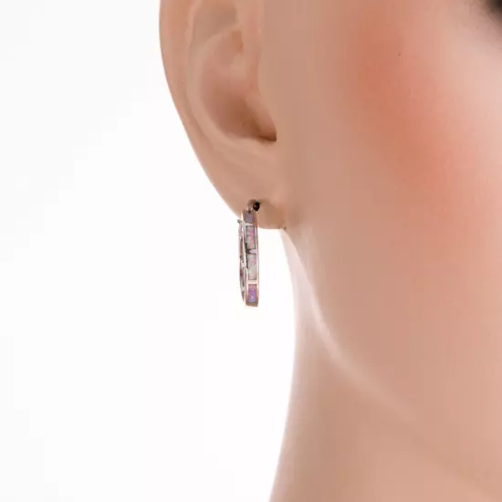 Light Pink Fire Opal Silver Jewelry Women Snap Closure Hoop Earrings