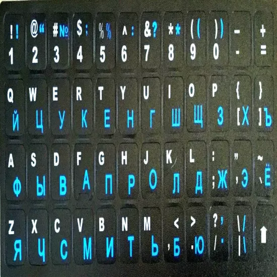 RUSSIAN LETTERS KEYBOARD BLACK STICKERS ( BLUE ) + ENGLISH AUSSIE STOCK