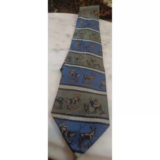 Roper Mens Tie Elk/Deer Theme Green Brown Blue 100% Silk