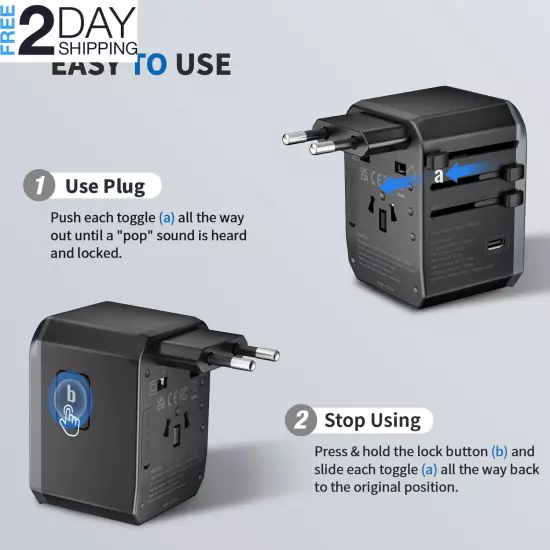 Universal Travel Adapter, International Power Plug Adapter with 3 USB-C and 2 US