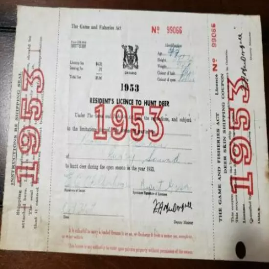 1953 Ontario Deer Hunting License + 2tags Lands & Forests Game Fisheries L&F MNR