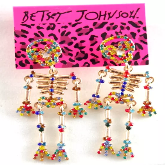 NEW BETSEY JOHNSON MULTICOLOR RHINESTONE SKELETON HALLOWEEN DROP DANGLE EARRINGS