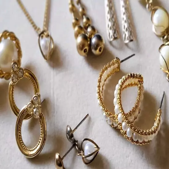 15pc. Lot | Pierced Earrings Necklace | Pearl Hoops | Gold-tone | Rhinestones