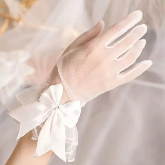 Women Short Bow Lace Floral Gloves Gothic Bride Wedding Mittens Sunscreen Gloves