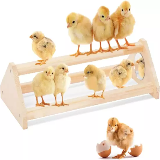 PETSFIT Chick Perch with Mirror, Solid Wooden Thicken Rooster Perch for Coop 