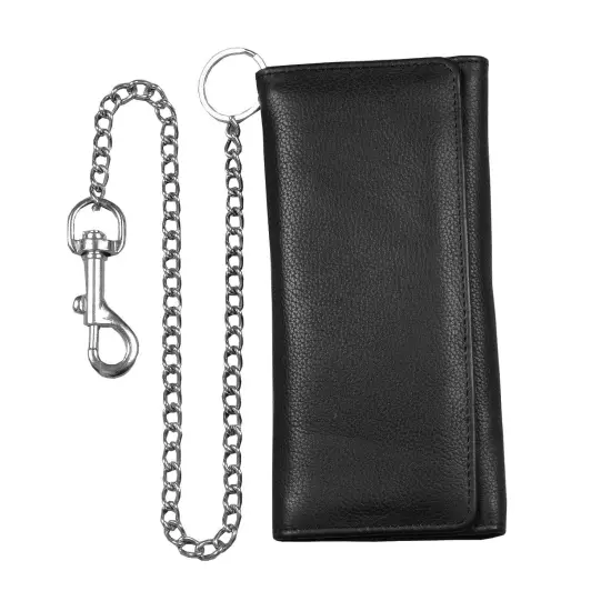 Genuine Black Cowhide Leather Chain Wallet, Trifold Long Chain Motorcycle Biker