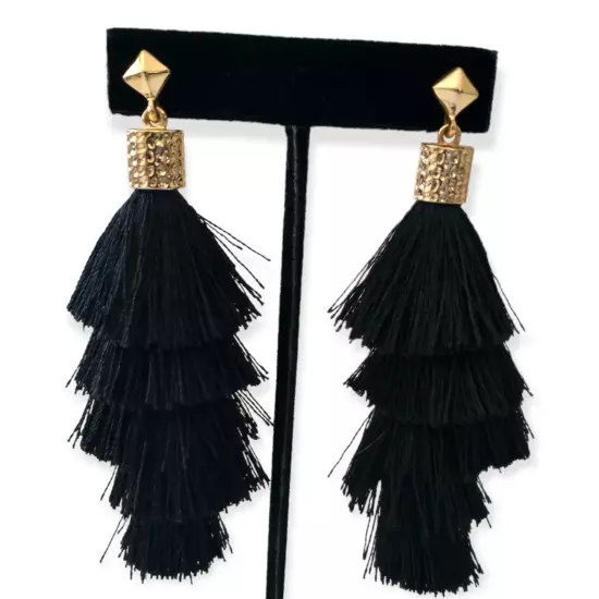 Tassel Dangle Earrings Long Witchy Black Gold Tone Lightweight Gypsy Boho Hippie