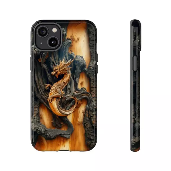 For iPhone, Samsung Galaxy, Pixel - Phone Case Cover - Carved Wood Dragon Print