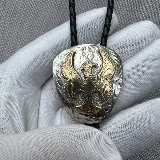 Stunning Tooled Gold And Silver Eagle Bolo Tie Vintage