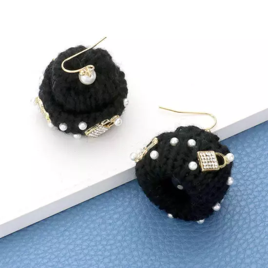 Black Pearl Key Lock Embellished Knit Beanie Hat Dangle Earrings