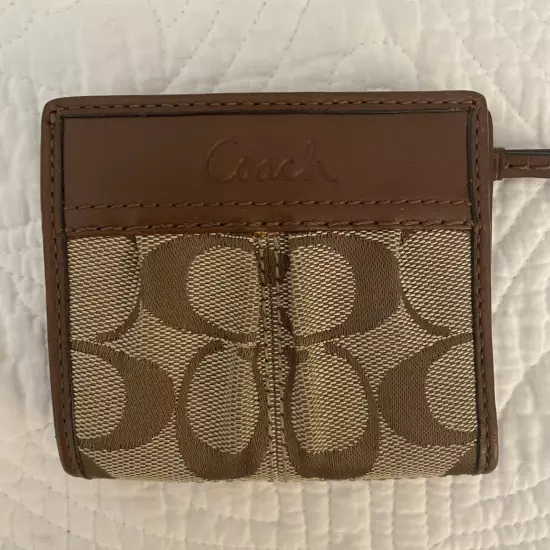 COACH Brown Signature Fabric Leather Trim Small Compact Bifold Wallet