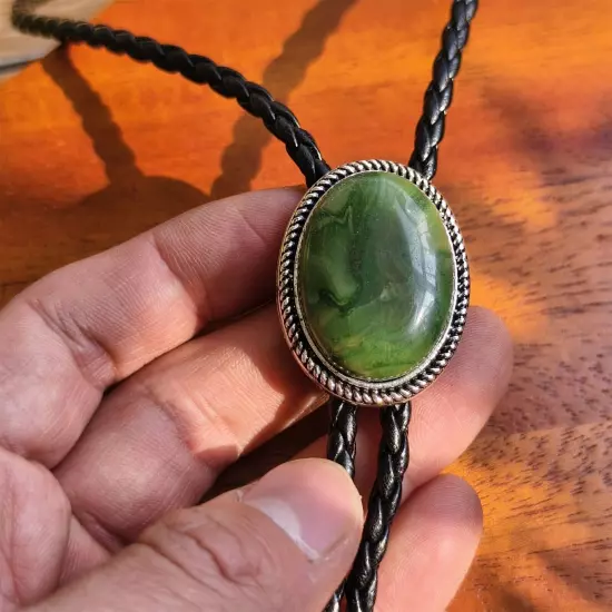 Green Forest Jade Bolo Tie Wedding Necklace for Men Bridegroom Western Cowboy