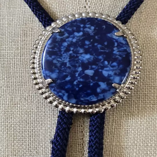 Dark Blue Color Bolo tie with Faux Lapis Oval 2"x1.5" Clasp 30 Inch Tie