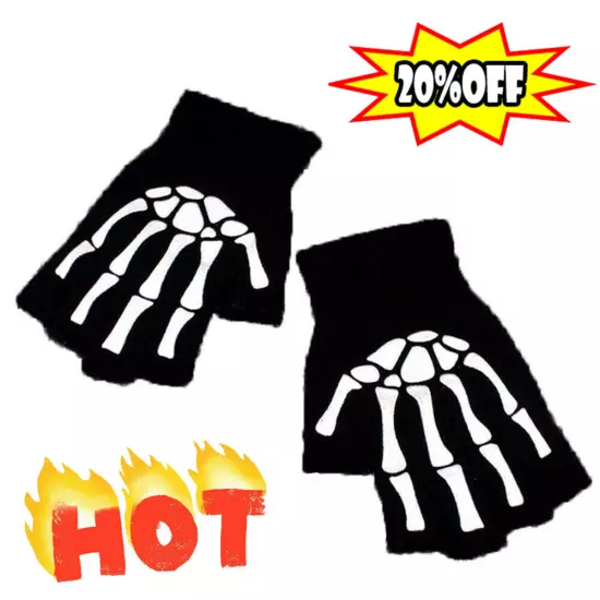 Gothic Knitted Black with White Skeleton Bones Fingerless Gloves... Punk U5U6